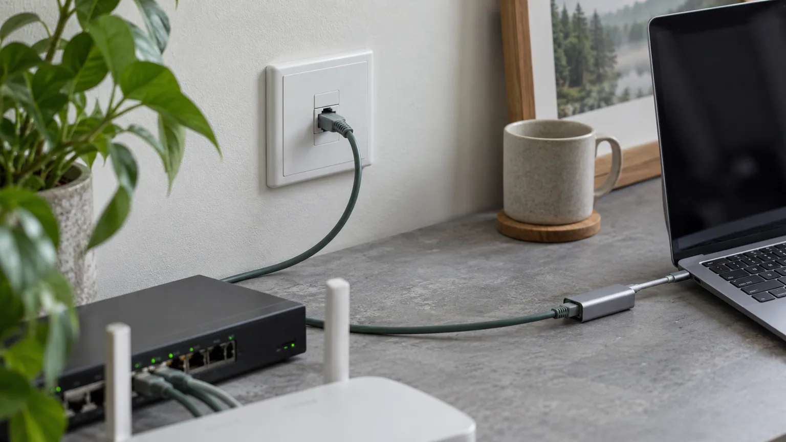 墙面以太网口、网线与笔记本 USB-C 转网口